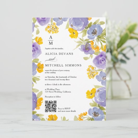 紫色のオレンジ色のフローラモノグラムQr結婚写真 招待状 (スタンド正面)