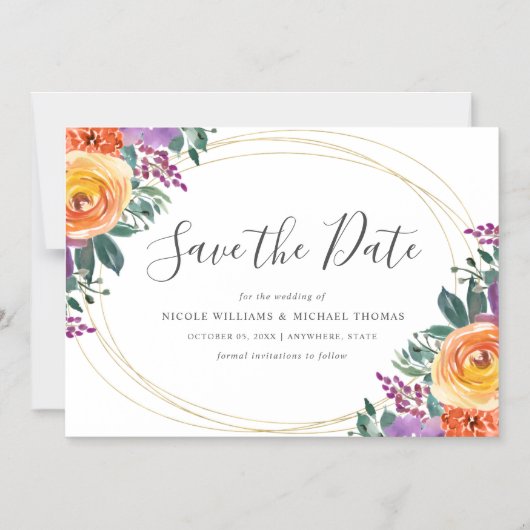 紫色のオレンジ色の水の色のフローラ日付を保存 マグネット招待状 (正面)