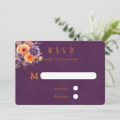 紫色のオレンジ色の水彩フローラ結婚式RSVPカード 招待状 (スタンド正面)