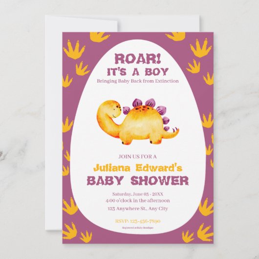 紫色のオレンジ色の水彩恐竜の男の赤ちゃんシャワー 招待状 (正面)