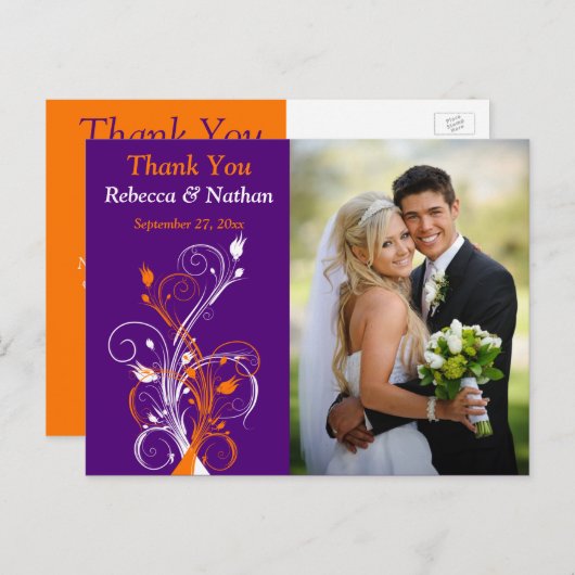 紫色のオレンジ色の白いフローラサンキューフォトポストカード ポストカード (正面/裏面)