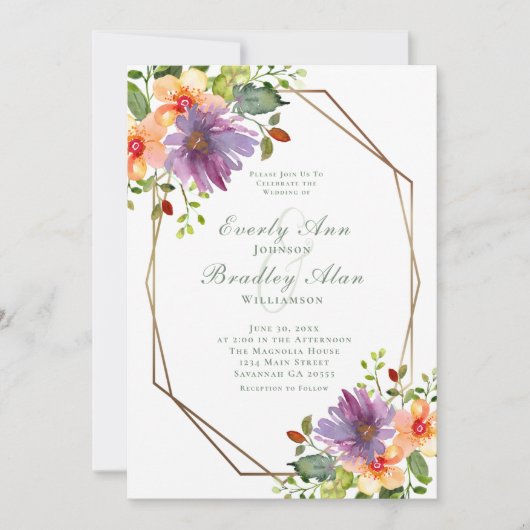 紫色のオレンジ色の緑のフローラQRコードフォト結婚ズ 招待状 (正面)