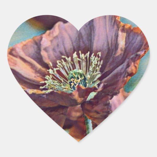 紫色のオレンジ色の赤いケシの花の水色 ハートシール (正面)