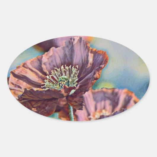 紫色のオレンジ色の赤いケシの花の水色 楕円形シール (正面)