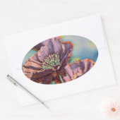 紫色のオレンジ色の赤いケシの花の水色 楕円形シール (封筒)