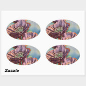 紫色のオレンジ色の赤いケシの花の水色 楕円形シール (シート)