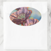 紫色のオレンジ色の赤いケシの花の水色 楕円形シール (バッグ)