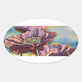 紫色のオレンジ色の赤いケシの花の水色 楕円形シール