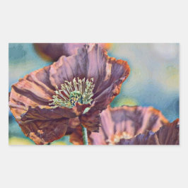 紫色のオレンジ色の赤いケシの花の水色 長方形シール
