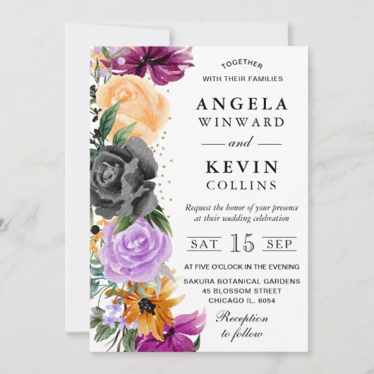 紫色のオレンジ色の黒いボホの花結婚の数 招待状 (正面)