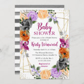 紫色のオレンジ色の黒い花フレーム赤ちゃんシャワー 招待状 (正面/裏面)