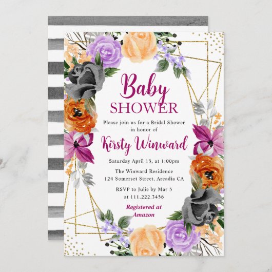 紫色のオレンジ色の黒い花フレーム赤ちゃんシャワー 招待状