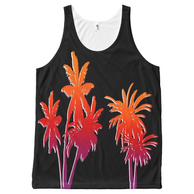 紫色のオレンジ霞のタヒチの日没のヤシの木の黒 オールオーバープリントタンクトップ (正面)