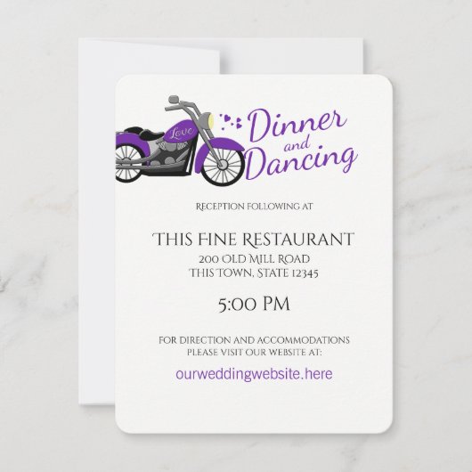 紫色のオートバイとハートウェディングレセプション 招待状 (正面)
