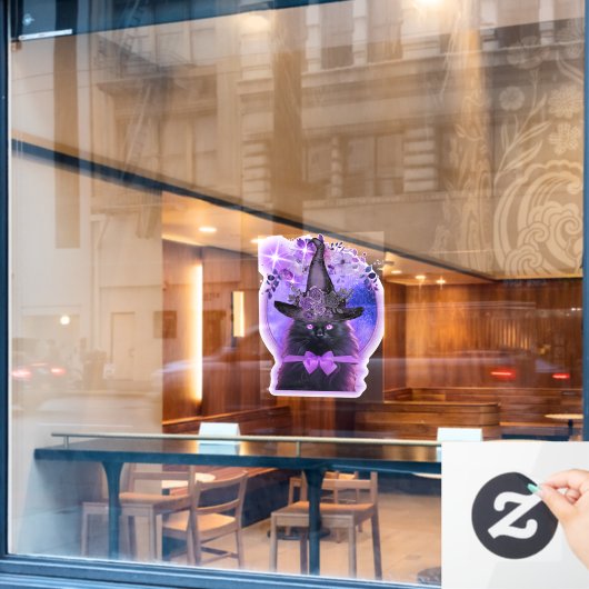 紫色のオーラを持つ黒猫 ウィンドウサイン (カフェ窓)