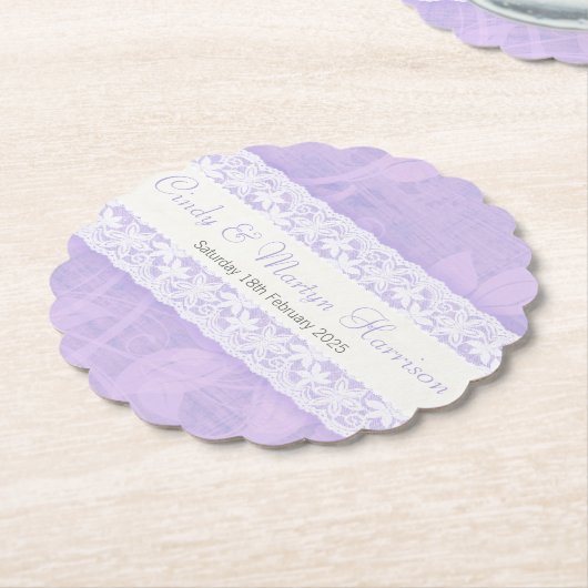 紫色のカスタムウェディング紙コースターに白いレース ラウンドペーパーコースター (アングル)