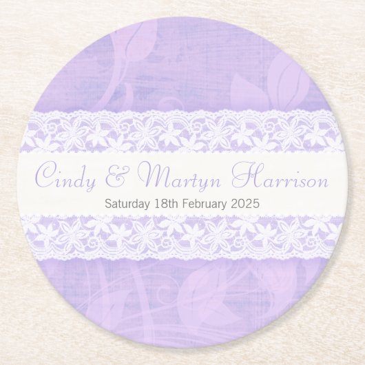 紫色のカスタムウェディング紙コースターに白いレース ラウンドペーパーコースター (正面)