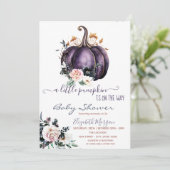 紫色のカボチャの花点々のある、赤ちゃんシャワー 招待状 (スタンド正面)