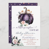紫色のカボチャの花点々のある、赤ちゃんシャワー 招待状 (正面/裏面)