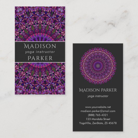 紫色のカラフルな花の曼荼羅 名刺 (正面/裏面)