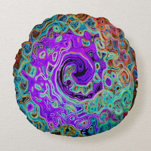 紫色のカラフル溝状抽象芸術レトロ液スワール ラウンドクッション (正面)