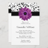 紫色のガーベラのデイジーの黒スクロールブライダルシャワー 招待状 (正面/裏面)