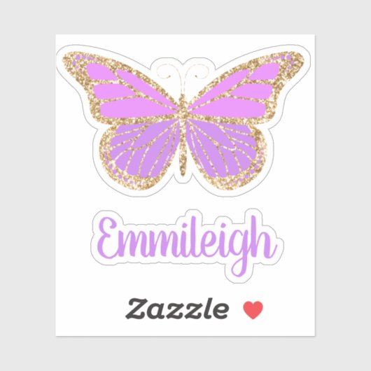 紫色のキラキラ金ゴールド蝶の名前ステッカー シール (シート)