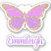 紫色のキラキラ金ゴールド蝶の名前ステッカー シール (正面)