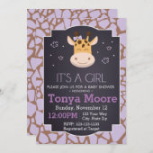 紫色のキリンのベビーシャワーの招待状(女の子) 招待状 (正面/裏面)