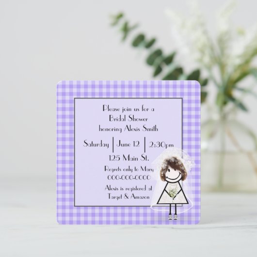 紫色のギンガムにフィギュアの花嫁を貼る 招待状 (スタンド正面)