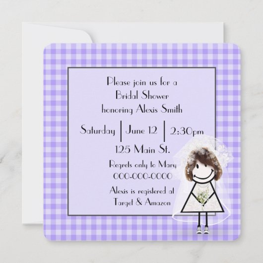 紫色のギンガムにフィギュアの花嫁を貼る 招待状 (正面)