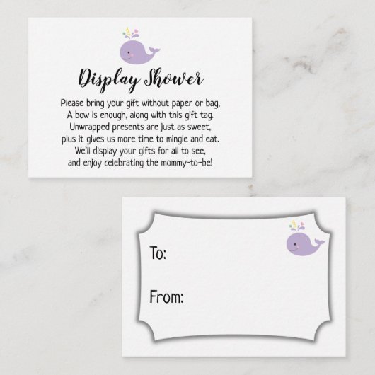 紫色のクジラのアクセント表示ベビーシャワーギフトカード エンクロージャーカード (正面/裏面)