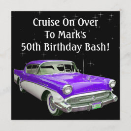 紫色のクラシックな筋肉車の誕生日の強打 招待状
