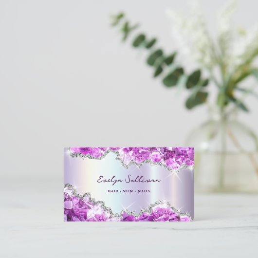 紫色のクリスタルフェイクフォイルgeode名刺 名刺 (スタンド正面)