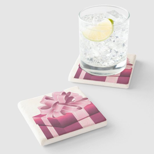 紫色のクリスマスギフトピンクリボン ストーンコースター (横)
