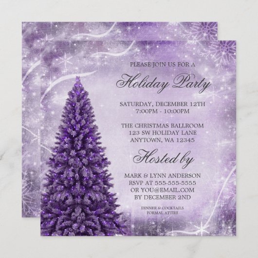 紫色のクリスマスツリーの休日のパーティの招待状 招待状 (正面/裏面)