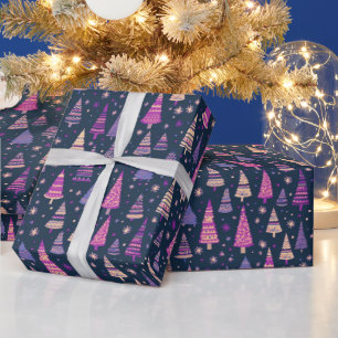 紫色のクリスマスツリー雪の結晶ブルークリスマス ラッピングペーパー
