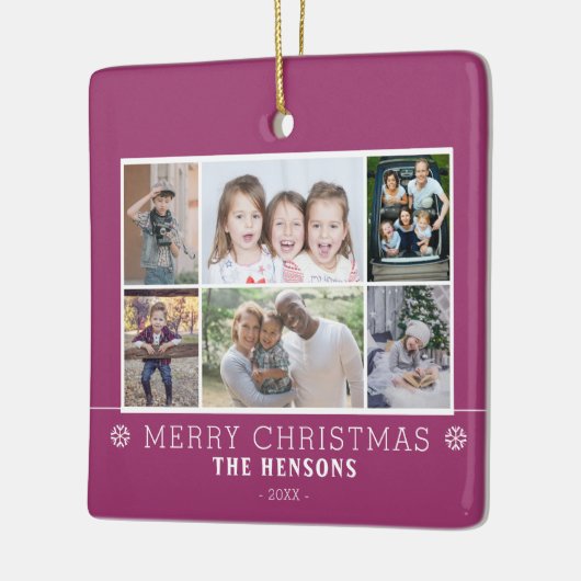 紫色のクリスマスファミリー6フォトコラージュ セラミックオーナメント (左)