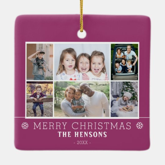 紫色のクリスマスファミリー6フォトコラージュ セラミックオーナメント (裏面)