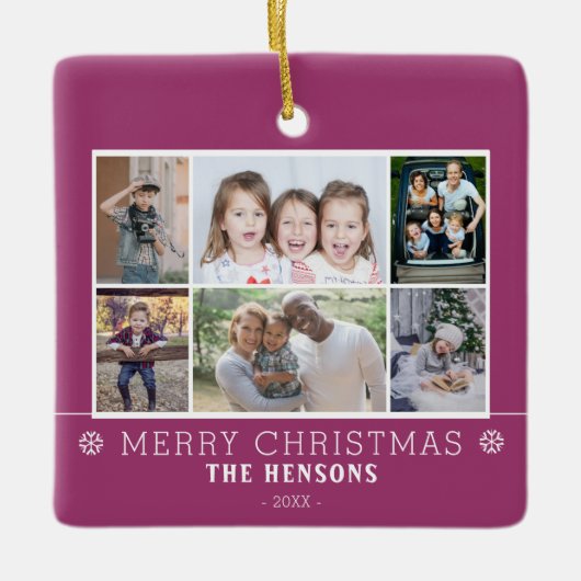紫色のクリスマスファミリー6フォトコラージュ セラミックオーナメント (正面)