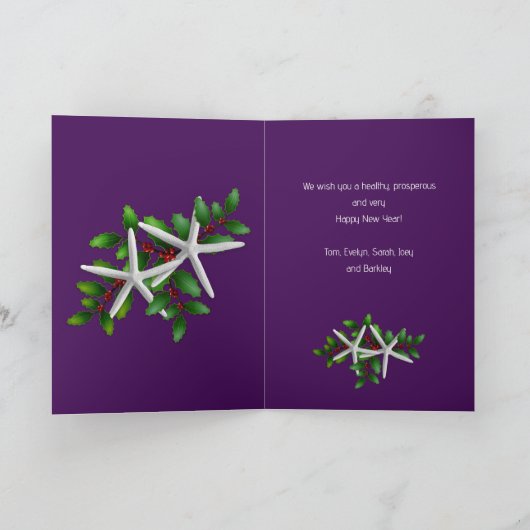 紫色のクリスマスフォトメッセージ折り畳みカード シーズンカード (内部)