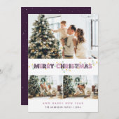 紫色のクリスマスライト3フォトコラージュ シーズンカード (正面/裏面)