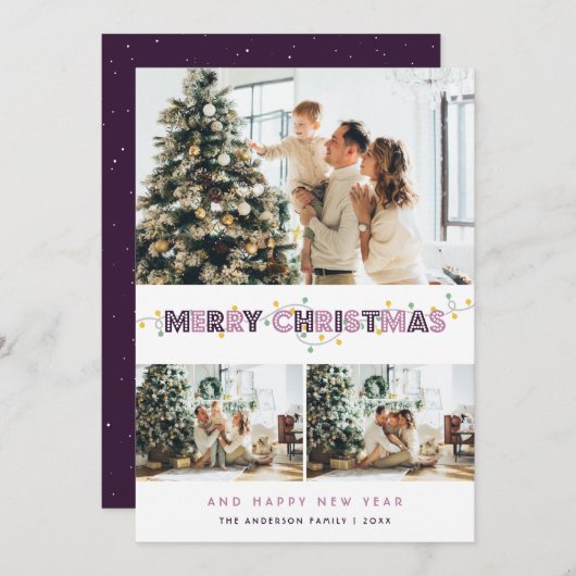 紫色のクリスマスライト3フォトコラージュ シーズンカード (正面/裏面)