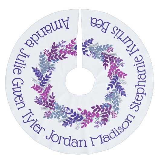 紫色のクリスマスリースの家族の名前 ブラッシュドポリエステルツリースカート (正面)