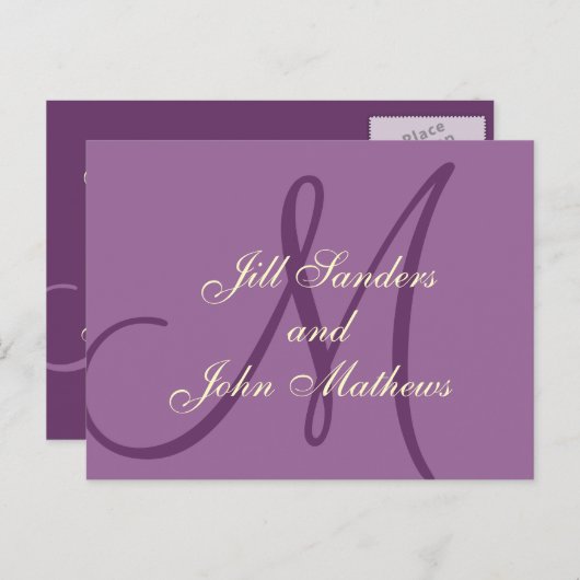 紫色のクリームモノグラムの名前は日付カードを保存 案内ポストカード (正面/裏面)