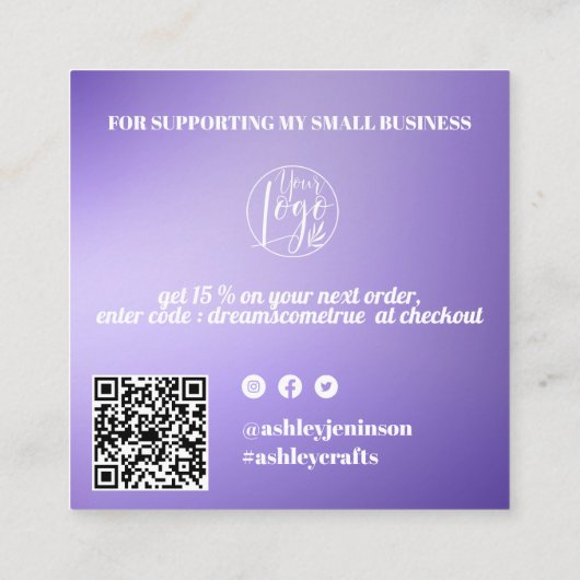 紫色のグラデーションのレトロスクリプトの順感謝してい序 スクエア名刺 (裏面)