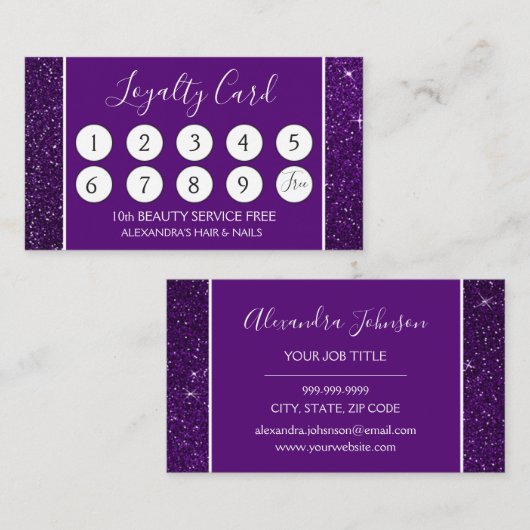 紫色のグリッターおよび輝きのガーリーなロイヤリティの穿孔器 ロイヤリティカード (正面/裏面)