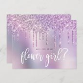 紫色のグリッターが滴ります。あなたは私のフラワーガールになってくれる？ インビテーションポストカード (正面/裏面)