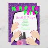 紫色のグリッターのマニキュアのスパの誕生会 招待状 (正面/裏面)