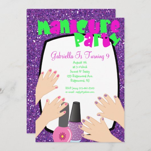 紫色のグリッターのマニキュアのスパの誕生会 招待状 (正面/裏面)